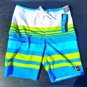 NEW O'Neill Board Shorts Mens Size 27 White Blue Lime Green Stripes
